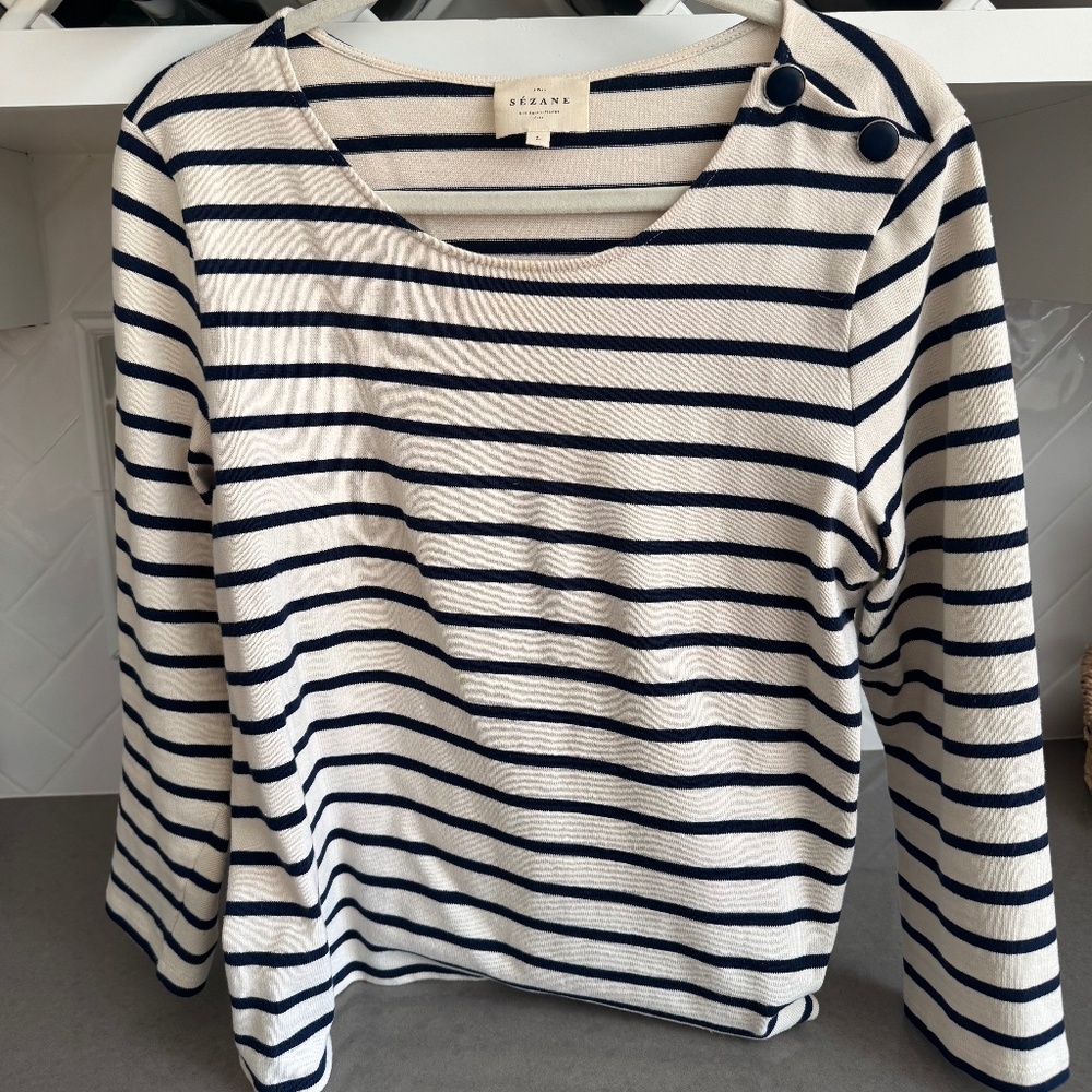 Sézane Colette Marinière Breton long sleeve cotton top, navy & ecru, size Large